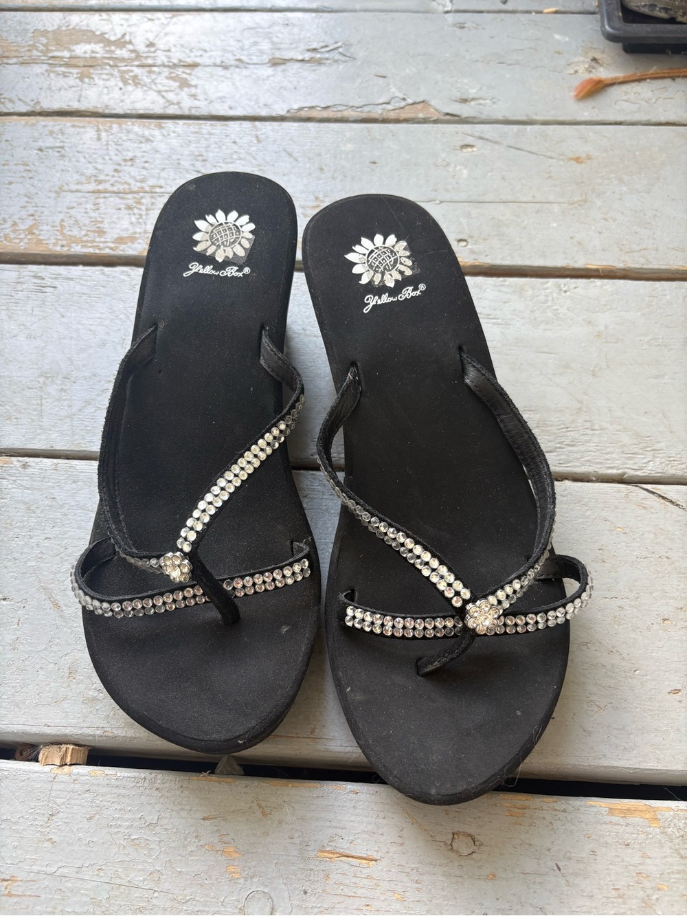 Yellow Box Black Crystal-Strap Flip Flop Sandals